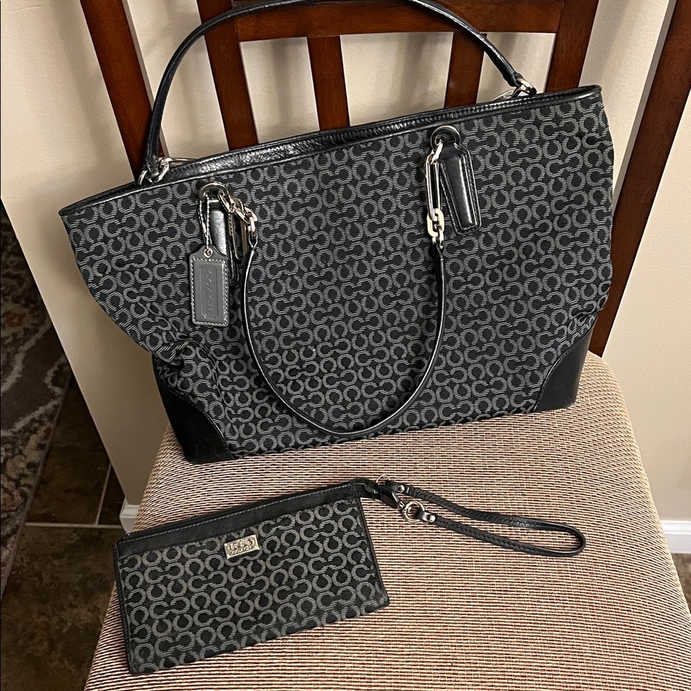 Coach Dark Navy/Black and Gray Patterned Tote Bag and matching wristlet/wallet